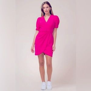 Adelyn Rae Tony Belted Puff Sleeve Mini Dress in Neon Pink, Size Small.